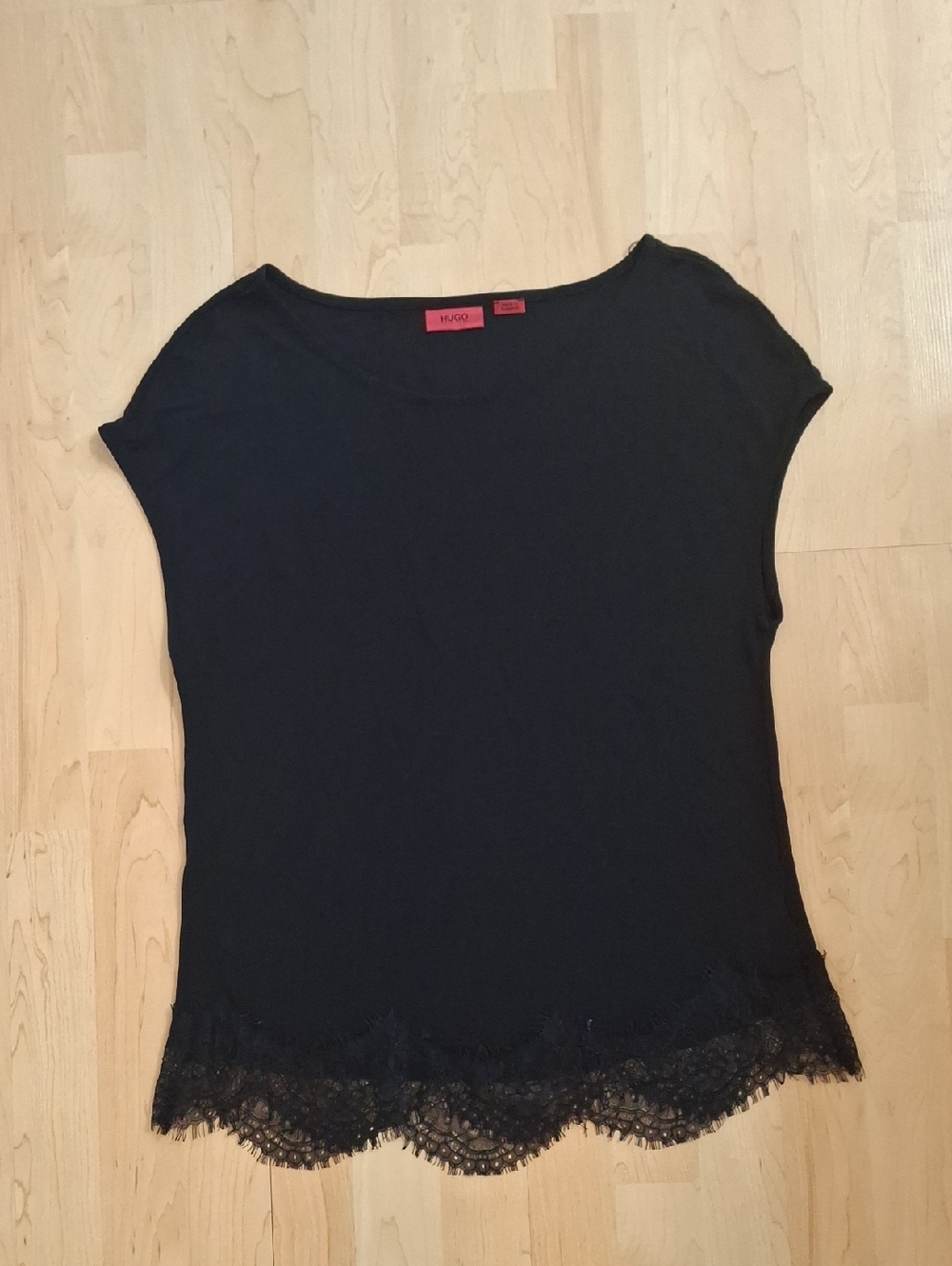 HUGO Hugo Boss Black Short-Sleeve Top with Lace Hem Size XL
